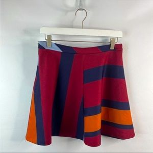 Zara Womens Red Multicolor A-Line Flare Mini Skirt Work Stripe Side Zip S